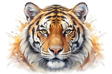 Fototapeta premium Watercolor painting of a majestic tiger head isolated on white background, showcasing its striking features and intense gaze
