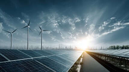 Fototapeta premium solar panels wind turbines city skyline