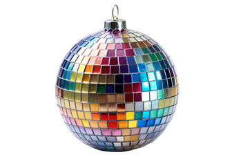 Fototapeta premium Multi- Colored Disco Ball Ornament with Mirrored Square Tiles on Background isolated on a transparent background