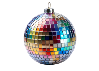 Multi- Colored Disco Ball Ornament with Mirrored Square Tiles on Background isolated on a transparent background