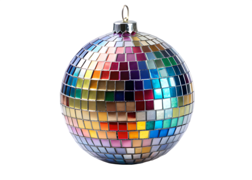 Multi- Colored Disco Ball Ornament with Mirrored Square Tiles on Background isolated on a transparent background
