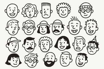 Minimalist Doodle Portraits of Funny Expressive Faces with Accessories and Red Cheek Details