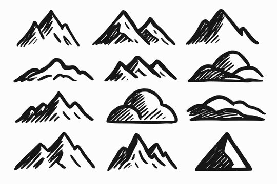 Hand-Drawn Mountain Silhouettes in Rough Ink Sketch Style with Natural Shapes and Snow Peaks