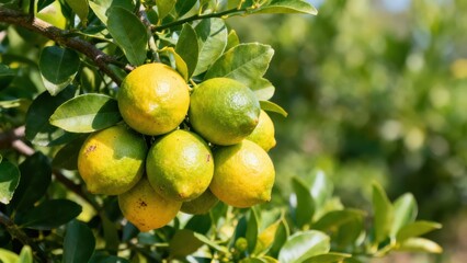 A cluster of vibrant yellow and green lemons hangs on a citrus tree branch, bathed in bright sunlight.