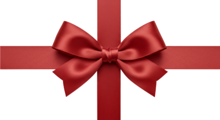 Red gift box with satin ribbon on isolated transparent background  