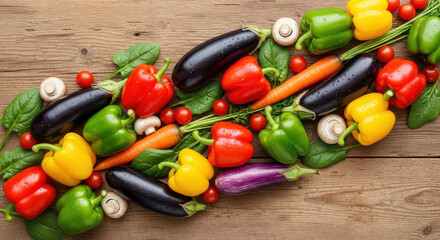 Photorealistic shot of colorful vegetables cascading diagonally across the frame