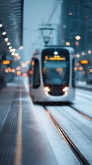 As winter blankets the city in snow, a contemporary tram approaches, illustrating the vital role of urban transit in promoting lively city environments and advancing sustainable transportation