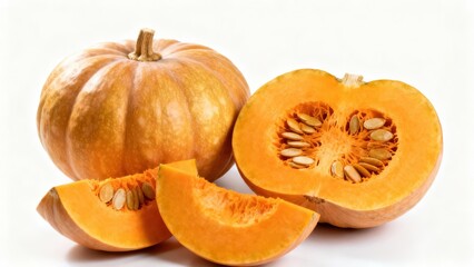 Fresh, whole, and sliced pumpkins displayed against a bright white background, showcasing their vibrant orange hues and rich interior seeds.