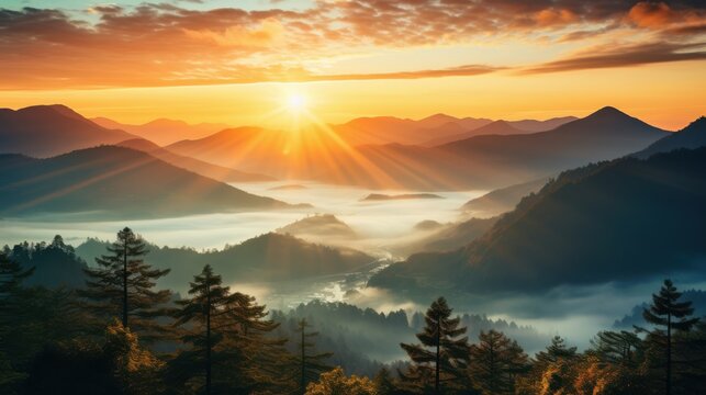 Golden sunbeams pierce misty mountain valleys at dawn sunrise mountains