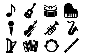 Obraz premium Silhouette musical instrument icons set for design projects and presentations