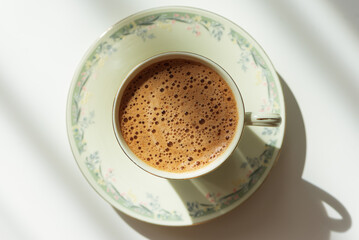 Minimalist Coffee Cup with Crema on Light Wooden Table under Sun Light