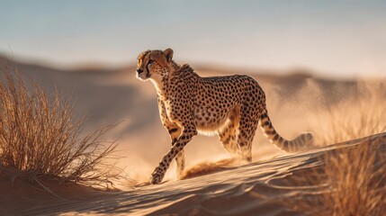 Cheetah sprinting across golden desert dunes during sunset in wild savannah habitat