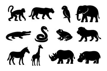 Naklejka premium Silhouette collection of diverse wild animals in bold design