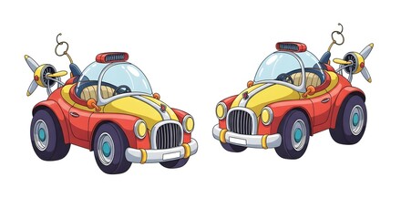 Fototapeta premium Pair of whimsical cartoon cars with propellers, red and yellow bodies, dome cockpits, and playful design, ideal for fantasy, adventure, animation, and creative children’s transportation illustrations.