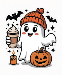 Cute ghost in orange beanie holding coffee cup