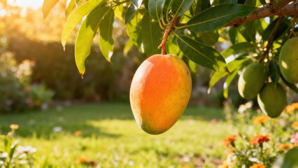 A ripe mango hangs from a tree branch, bathed in warm sunlight, showcasing a beautiful garden setting.