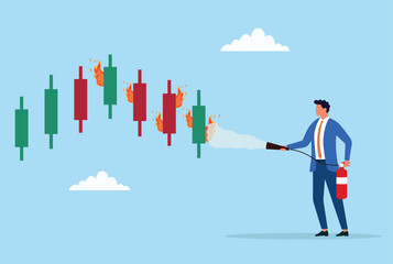 Vector illustration of a businessman using a fire extinguisher to put out a fire on a candlestick chart, representing managing financial crises and market risks

