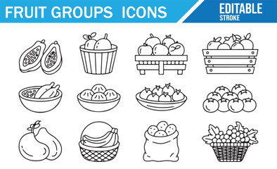 Set of Fruit Groups Icons in Minimalist Style, Editable Stroke, Healthy Food and Agriculture Design