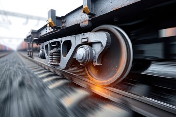 Train wheel in motion on railway tracks during daytime travel