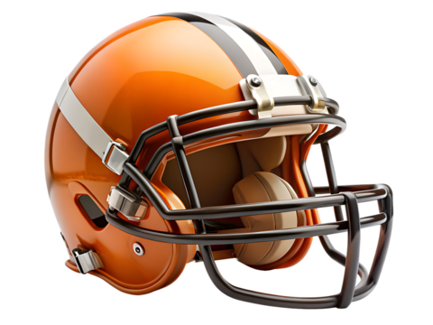 Orange American Football Helmet With Face Mask And Brown Interior sports equipment isolated on a transparent background