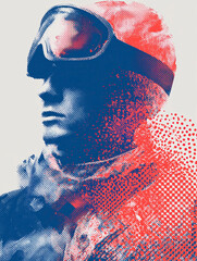 A stylized pop art image of a person wearing ski goggles and winter gear. The artwork features a vibrant red and blue halftone pattern, creating a dynamic and modern aesthetic.