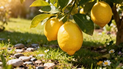 Ripe lemons hang from a tree branch, bathed in warm sunlight, over a patch of vibrant green grass and small stones.