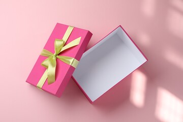 Open gift box with beautiful lid on pink background, top view