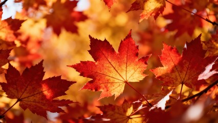 Vibrant autumn leaves, displaying a spectrum of fiery reds and golden yellows, create a warm and...