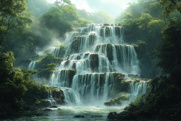 Waterfall cascading through lush jungle greenery.