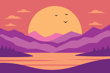 Flat Design Sunset Mountain Lake Landscape Vector Illustration.