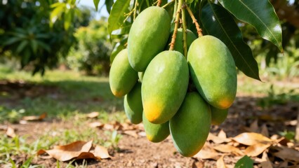 Lush green mangoes hang heavy on branches in a vibrant orchard setting.