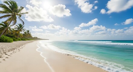 A pristine beach stretches out under a vibrant blue sky, dotted with fluffy white clouds, showcasing a tranquil and idyllic scene.