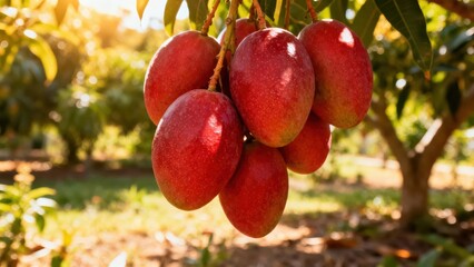 Ripe red mangoes hang from a tree branch in a sunlit orchard.