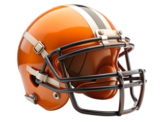 Orange American Football Helmet With Face Mask And White Stripe sports equipment isolated on a transparent background
