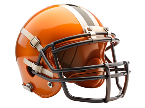 Orange American Football Helmet With Face Mask And White Stripe sports equipment isolated on a transparent background