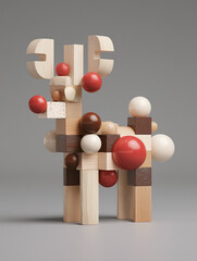 A creative sculpture of a reindeer made from various wooden blocks and colorful spheres. The design combines natural wood textures with vibrant red and brown tones, set against a neutral background.