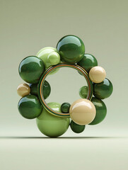 A modern abstract composition featuring a circular arrangement of glossy spheres in various shades of green and beige. The design is set against a soft gradient background, creating a sense of