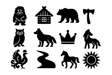 Set of forest and wildlife silhouettes featuring animals, nature, and symbols