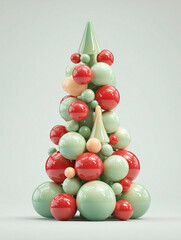 A modern and artistic Christmas tree composed of glossy, colorful spheres in shades of red, green, and cream. The abstract design features a playful arrangement of various sized balls, creating a