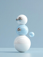 A minimalist abstract composition featuring a stack of glossy spheres in white and light blue hues. The spheres are arranged against a soft blue background, creating a modern and futuristic aesthetic.