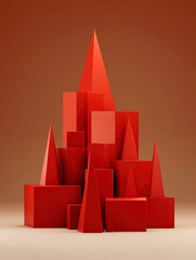 A striking arrangement of red geometric shapes, including cubes and pyramids, set against a warm brown background. The composition highlights symmetry and modern design, creating a visually