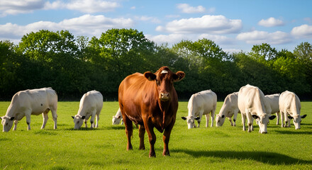 Herd of cows grazing in a green field on a sunny day outdoors view