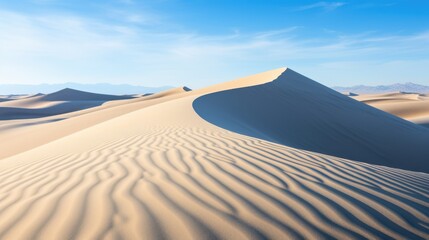 Golden desert landscape with rippled sand formations under blue sky dunes nature