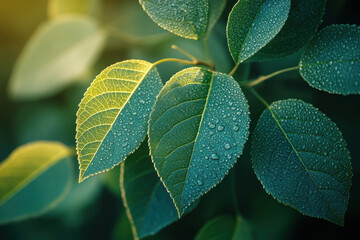 Water droplets on leaf in close-up view.