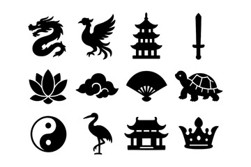 Traditional asian icons black silhouette set featuring iconic symbols and cultural elements