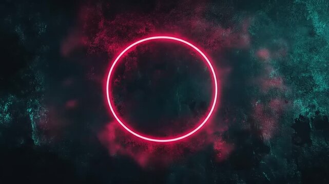 A glowing, vibrant neon circle highlights a dark, textured background.