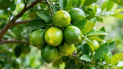 A cluster of vibrant green limes hangs from a branch, showcasing the lush green foliage of the tree.