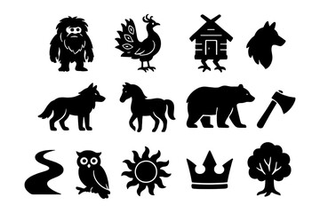 Slavic folk motifs: stylized silhouettes of animals, symbols, and architecture