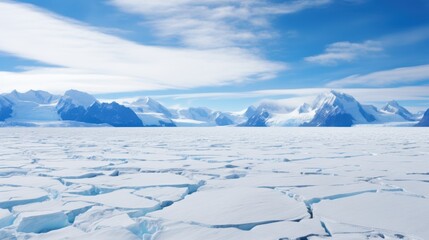 Frozen expanse with jagged ice and snow capped mountains glaciers