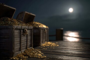 Treasure chests overflowing with gold coins under the moonlight